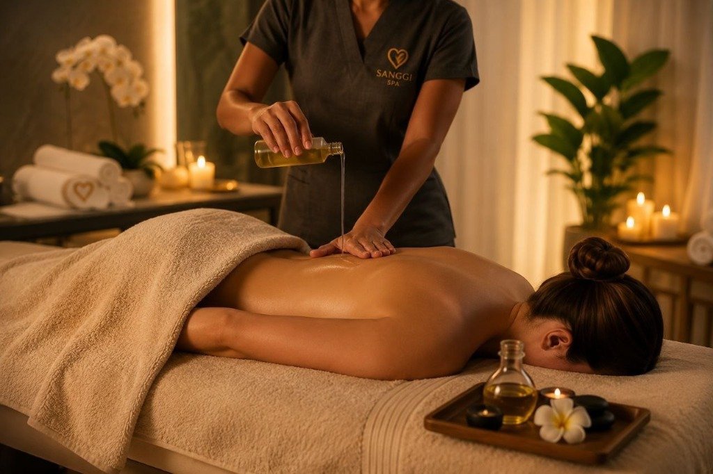 Premium massage oils and spa setup
